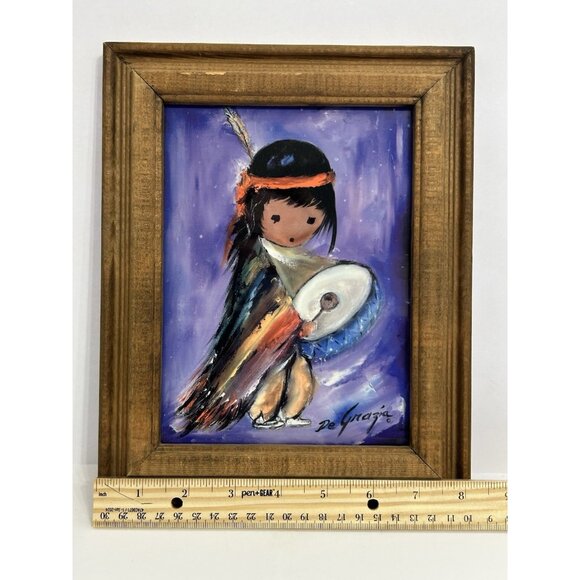 Ted De Grazia Vintage Native American Little Drummer Boy Art Tile Framed 8"x6" - Picture 8 of 12